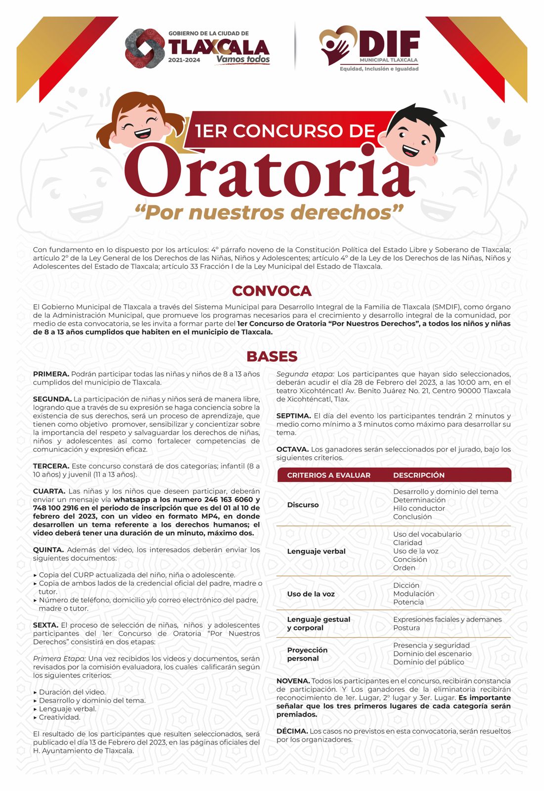 Convoca DIF Municipal de Tlaxcala a concurso de oratoria infantil